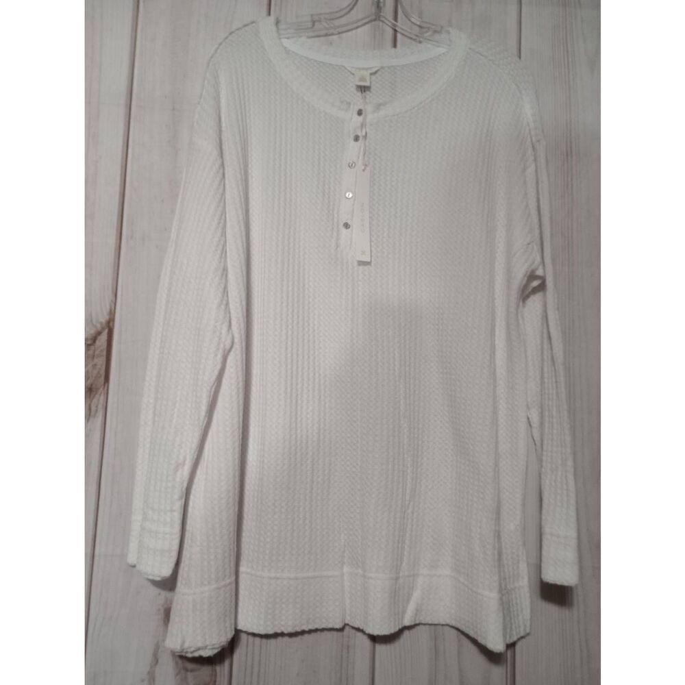 Ladies 1x Cason Waffle Knit Henley Top White‎ Long Sleeve Button Up Casual